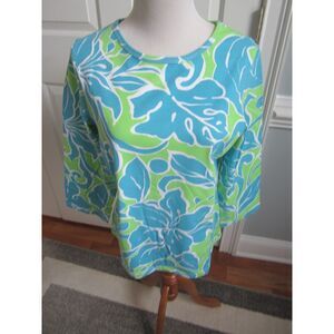NEW WITH TAGS BARBARA GERWIT AQUA & GREEN V NECK  PALM LEAF 3/4 SLEEVE TOP XL